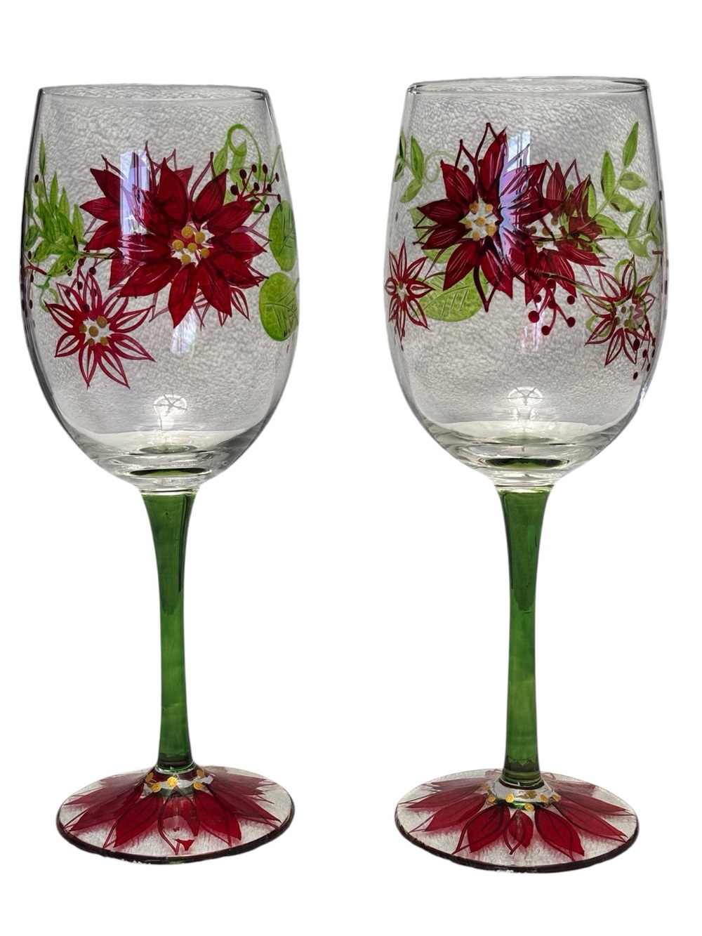 Pier 1 Hand Painted Green Stem Poinsettia Blossoms & Leaf Design Wine Glasses